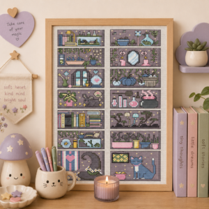 Cozy Witches Bookcase Cross Stitch Pattern