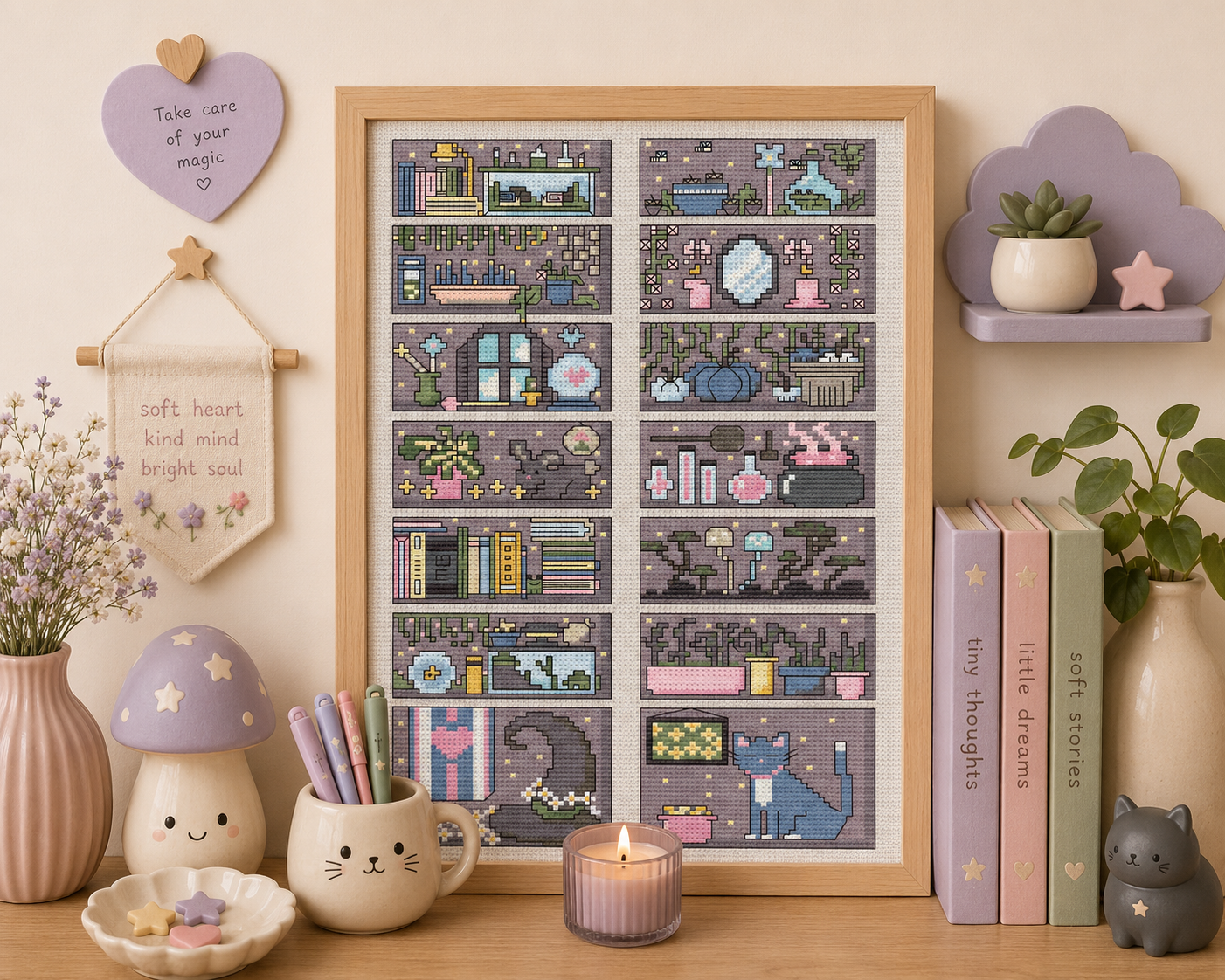 Cozy Witches Bookcase Cross Stitch Pattern