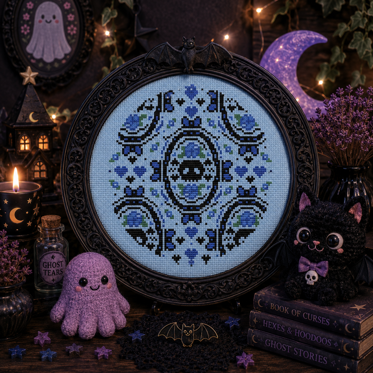 Skulls and Blue Rose Cross Stitch Pattern - Image 3
