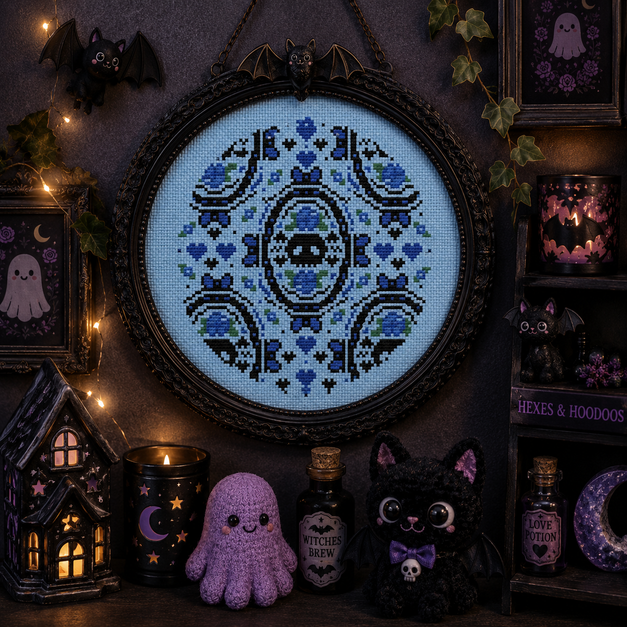Skulls and Blue Rose Cross Stitch Pattern - Image 2