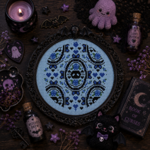 Skulls and Blue Rose Cross Stitch Pattern
