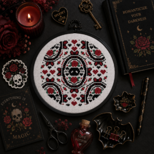 Skulls and Red Rose Cross Stitch Pattern