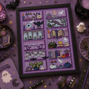 Spooky Witch Bookcase Cross Stitch Pattern