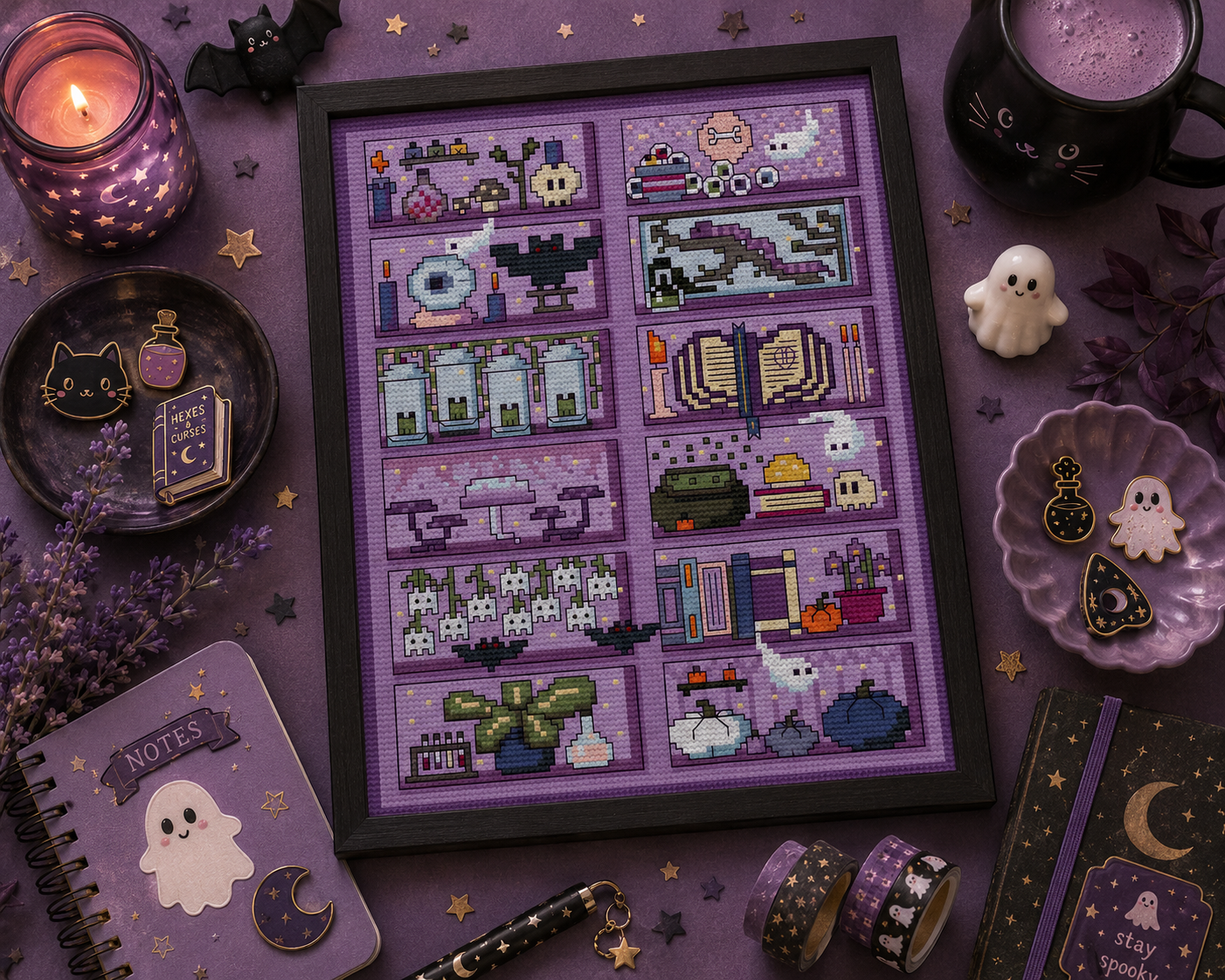 Spooky Witch Bookcase Cross Stitch Pattern