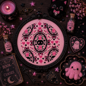 Skulls and Pink Rose Cross Stitch Pattern