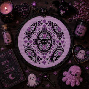 Skulls and Purple Rose Cross Stitch Pattern
